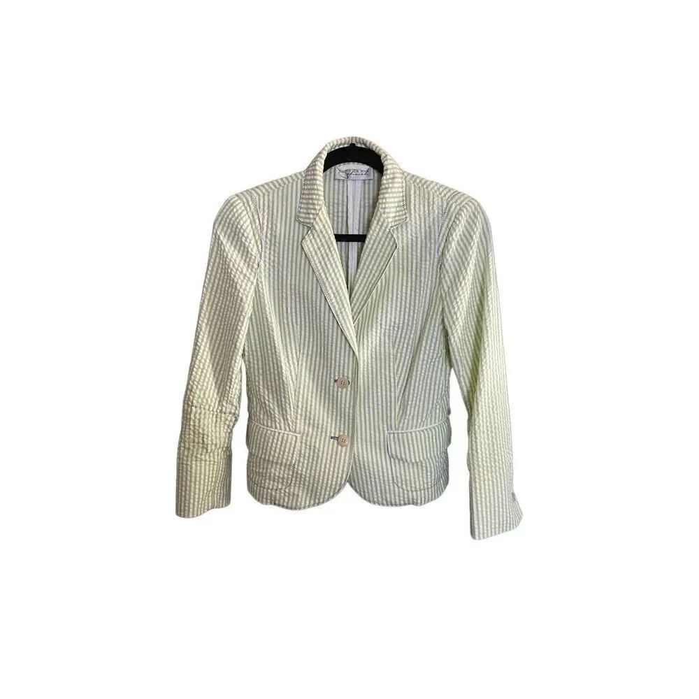 Stephanie Schaieh women’s seersucker, green and white blazer size 6